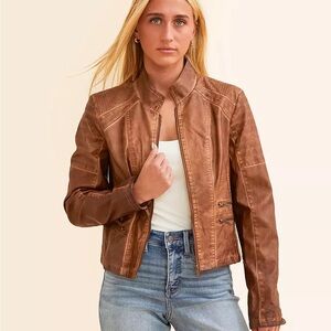 Women's Brown Faux-Leather Bomber Jacket
